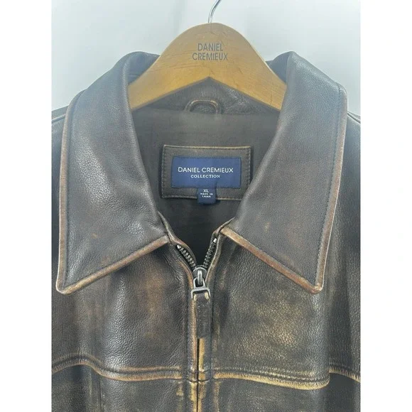 VTG 80's Daniel Cremieux Mens Sz XL Aged Leather Bomber Brown Burnished Jacket - Picture 10 of 16